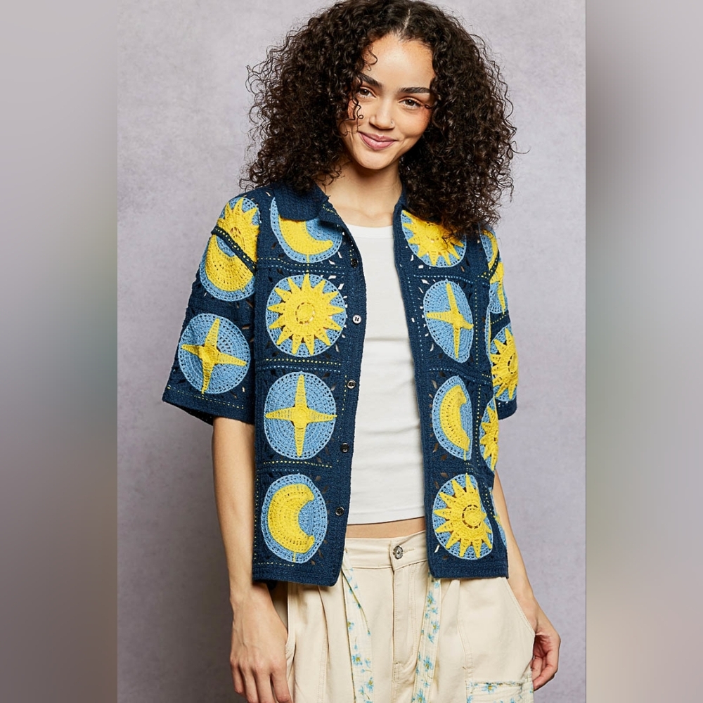 POL Celestial Crochet Patchwork Button-Up Shirt S… - image 4